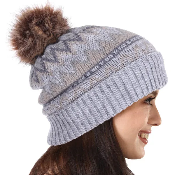 Women Knitted Pom Pom Beanie Cap with Fleece