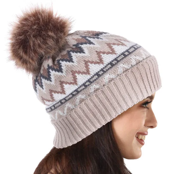 Women Knitted Pom Pom Beanie Cap with Fleece