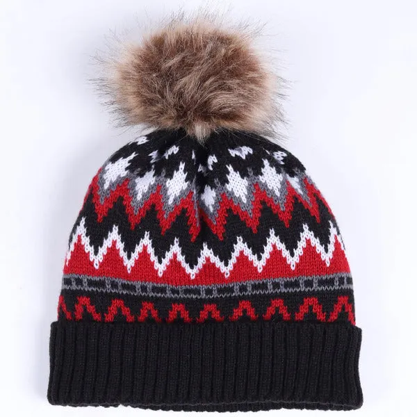 Women Knitted Pom Pom Beanie Cap with Fleece