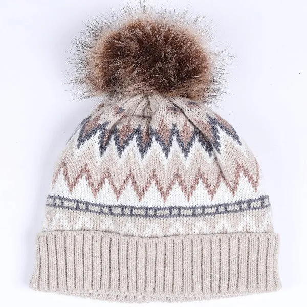 Women Knitted Pom Pom Beanie Cap with Fleece