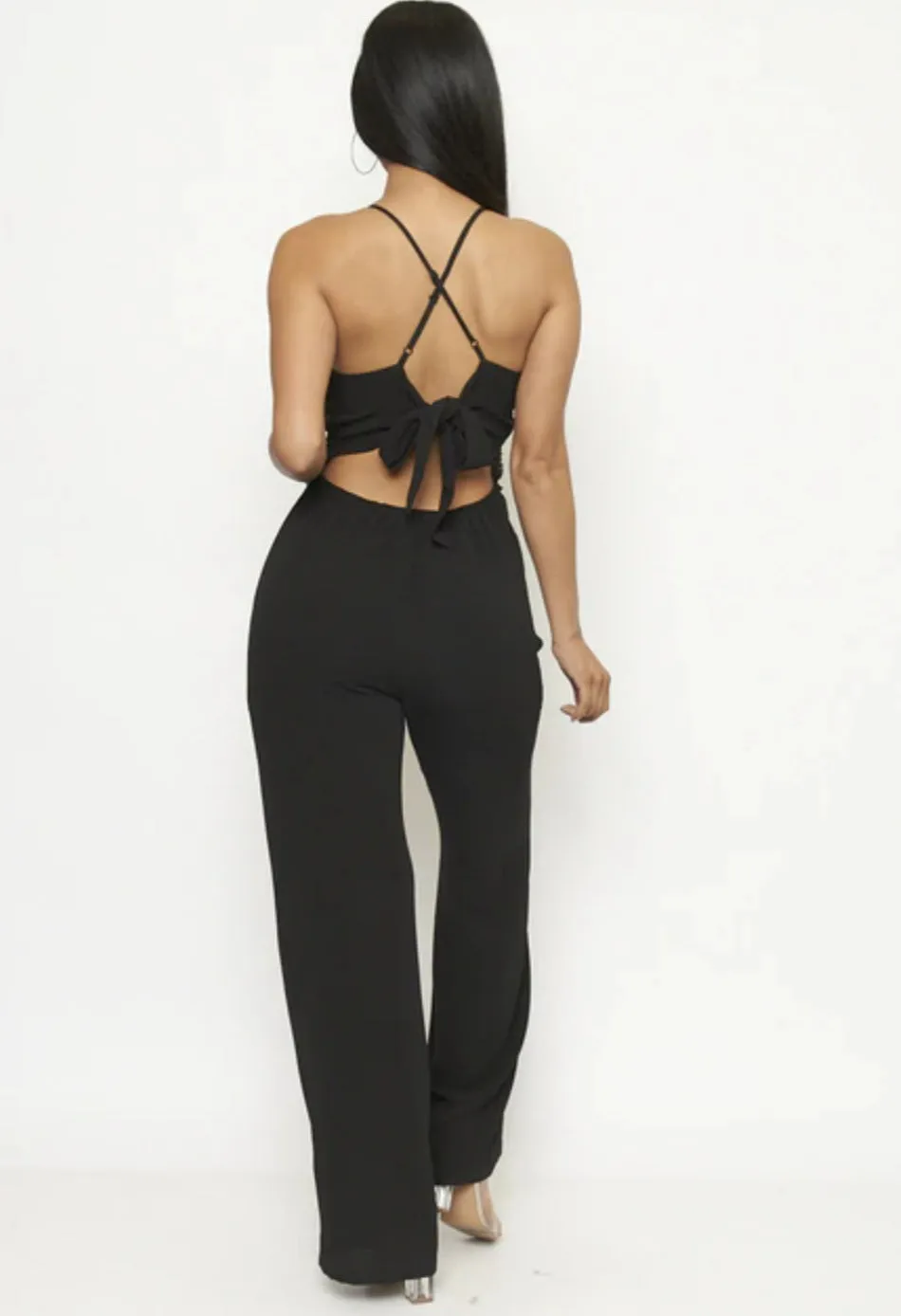 Women's Black V Neck Lace Detail Criss Cross Back Wide Leg Jumpsuit