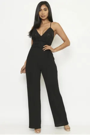 Women's Black V Neck Lace Detail Criss Cross Back Wide Leg Jumpsuit