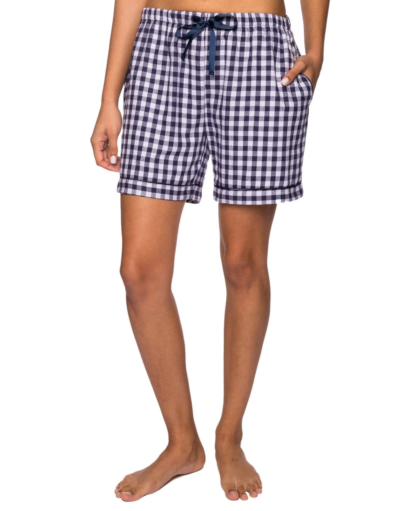 Women's Premium 100% Cotton Flannel Lounge Shorts 2-Pack - Nordic Snow-Gingham Blue