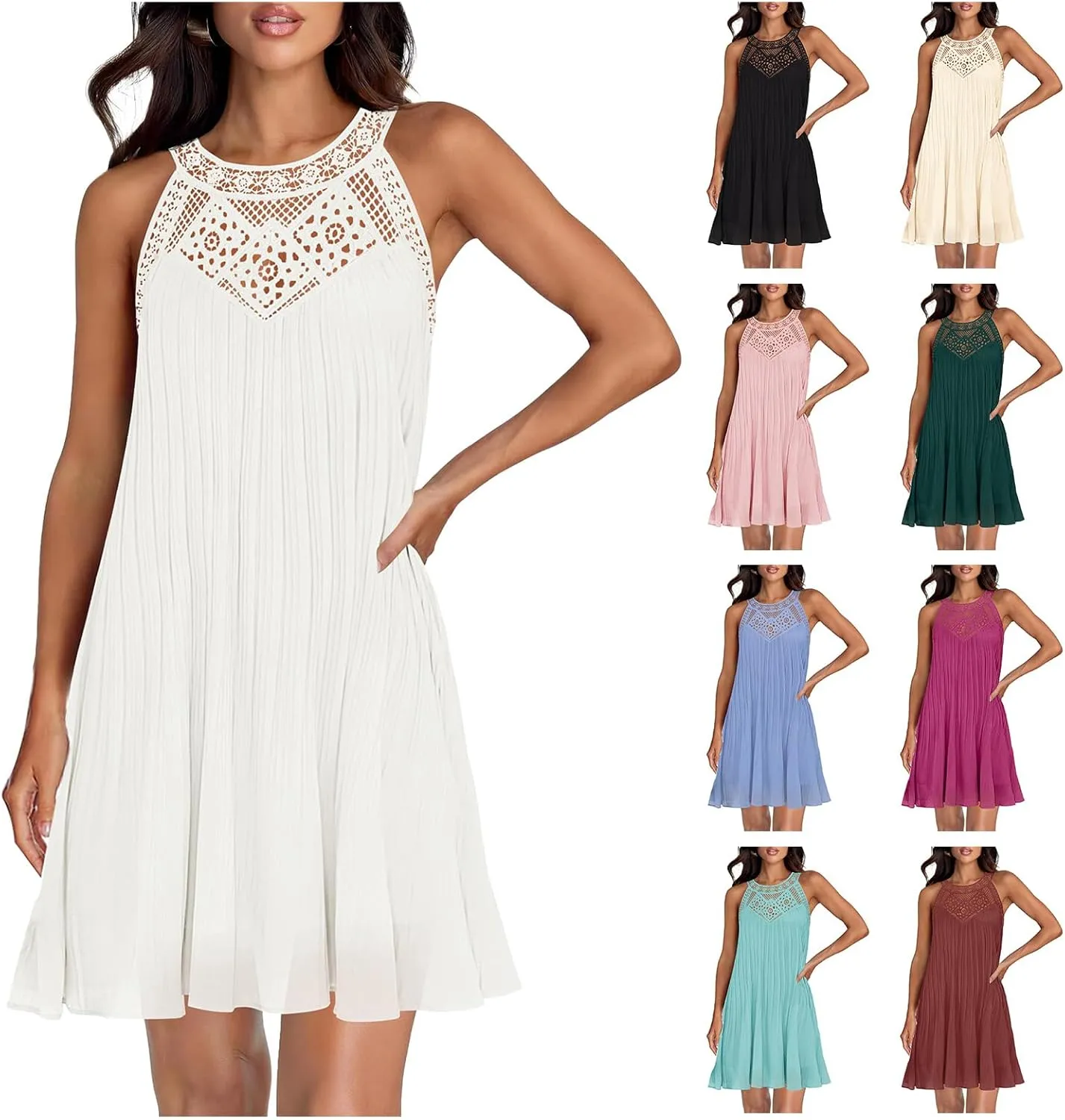 Womens Summer Halter Dresses Casual Sleeveless A-Line Tiered Swing Mini Dress Flowy Ruffle Beach Vacation Sundress 2025
