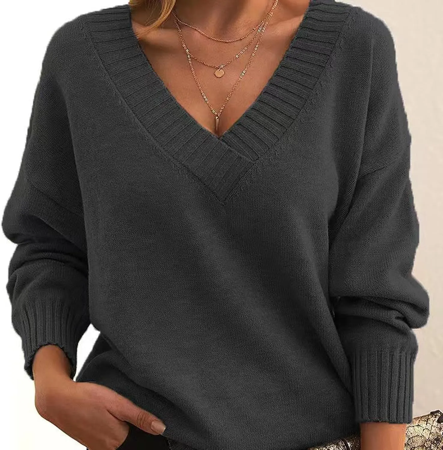 ZWRXW Women's Oversized Sweaters Sexy V Neck Long Sleeve Solid Jumper Cable Knit Loose Fit Pullover Fall Fashion Tops