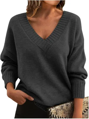 ZWRXW Women's Oversized Sweaters Sexy V Neck Long Sleeve Solid Jumper Cable Knit Loose Fit Pullover Fall Fashion Tops